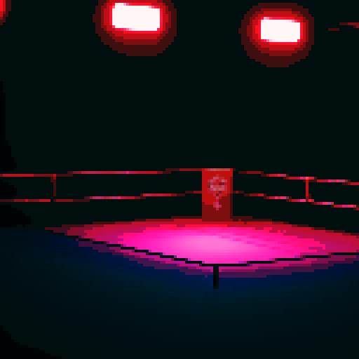 empty boxing ring in a dimly lit environment with a referee standing at  a corner