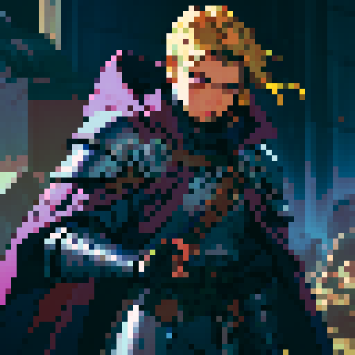 mysterious gunslinger, metal shoulder pads, metal gauntlets, bluish gray pants, brown leather chest armor with yellow highlights, bright purple tattered cloak covering face, sRGB, pixel art