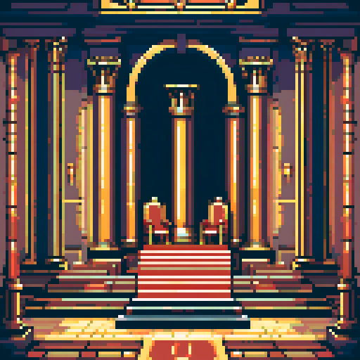 royal chamber, kingdom, throne, columns, light on throne, building, inside, block, gold