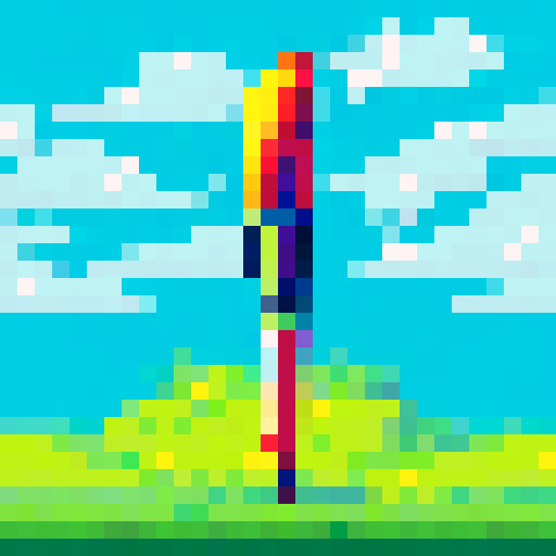 Colorful art paintbrush with bold black outline, vibrant sRGB colors, 32x32 badge style, pixel art, background, landscape