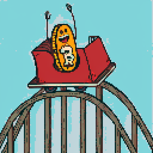 Amusement park, vibrant roller coasters, whimsical carousels, towering ferris wheels, sRGB colors, pixel art