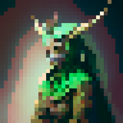 Huntress character with old green cape, wooden horns and bow
