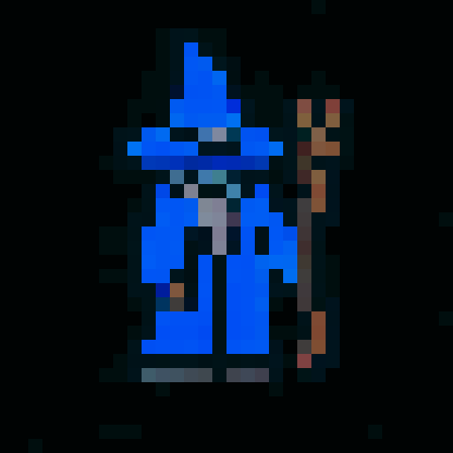 wizard with blue robes, blue wizard hat, brown staff, golden necklace with sun pendant, flat white background, character pixels are clearly distinguishable from its background