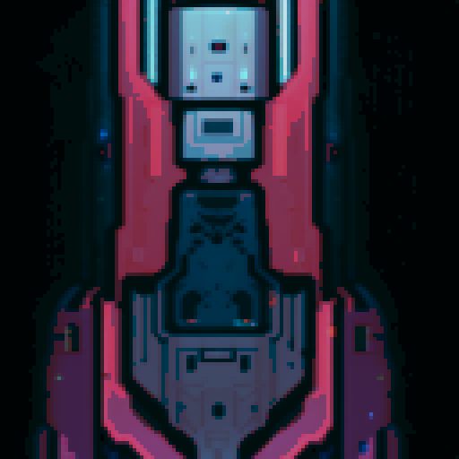 Space ship, vibrant colors, retro vibes, pixelated stars, angular design, glowing thrusters, cosmic background, 8-bit spaceship, glowing cockpit, space exploration, futuristic spacecraft, pixel art style
