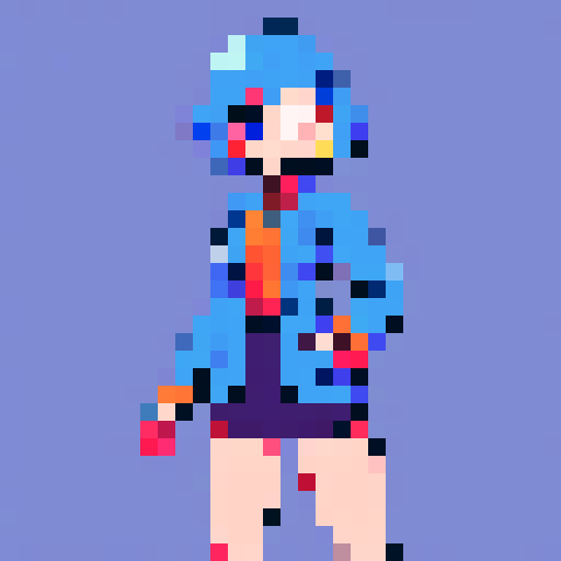 cute cartoon female in a blue suit, vibrant colors, playful expression, pixelated details, retro video game vibes, sRGB color space