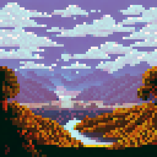 Full moon casting a dim, blue light over a pixelated landscape of rolling hills and winding rivers, with fluffy, white clouds drifting across the inky sky