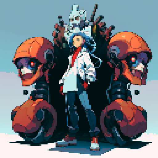 full-body image mad scientist facing left, standing on robot