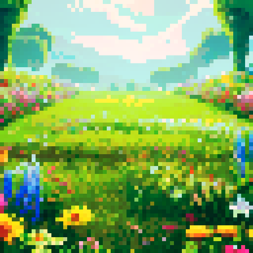 A vibrant, lush flower garden arena with a flat grassy field. Bright blossoms and glowing petals frame the scene, with soft sunlight illuminating the environment.