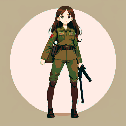 young girl, large round eyes, brown hair, brown eyes, wearing combat army uniform, a full-body standing pose, clean and detailed, centered composition, beautiful girl, long flowing hair, detailed eyes, slim figure, soft smile, round face, like Japanese anime
