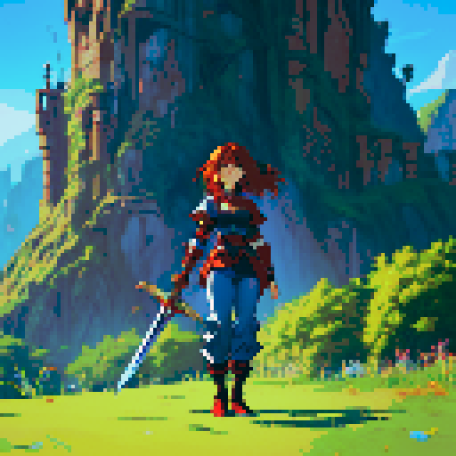 sprite, JRPG character, red hair, silver armor, blue pants, black shoes, sword, sRGB, pixel art