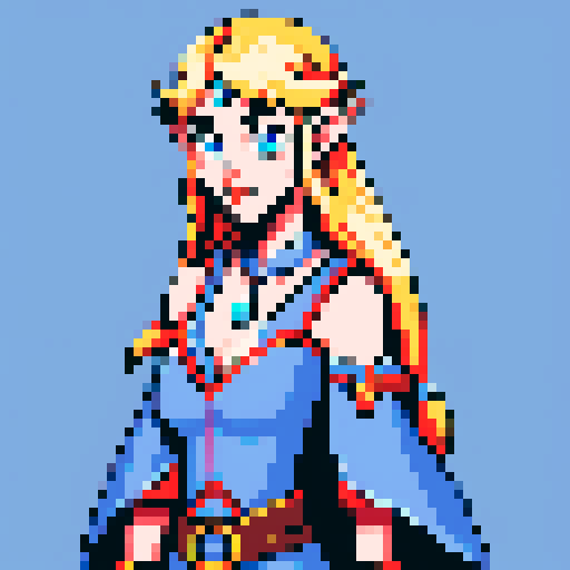 female elf, long blonde hair, blue eyes, shoulders up, pixel art