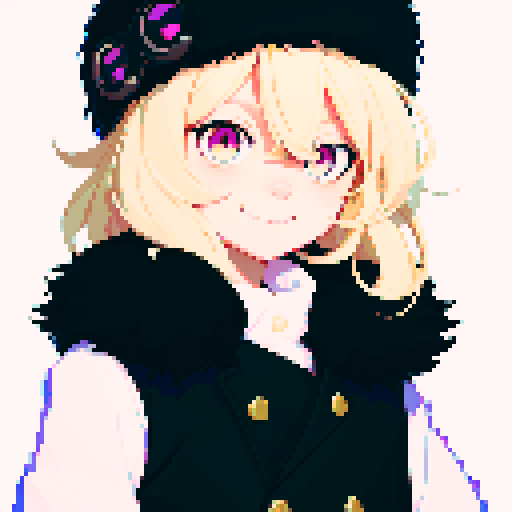 Solo male with perfect anatomy, straight-on, inframe, facing viewer, with round pupils, light blonde hair between eyes, wearing an ushanka hat with a black fur collar, a black vest, puffy sleeves, and black elbow gloves, his round eyes and pink eyes looking at the viewer, smile, in a pixel art style with sRGB colors, half closed eyes, best quality