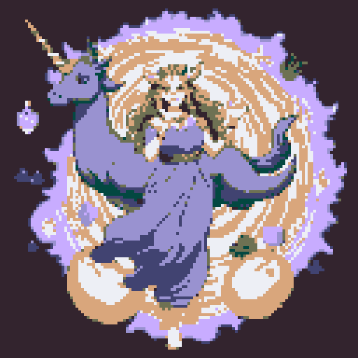 mystic druid wild woman mythological unicorn, faun body shape, animal-human hybrid, shift-shaper, cloven hooves, playful demeanor, full body, bathed in moonlight, pixel art, sRGB