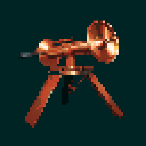 I want a copper rotary machine gun viewed head on from the right side. The barrels should be three times the size of the gun mechanisms. I want this object usable an asset in a videogame, meaning only one object per image, outlined with a strong black stroke, on a solid-color background.