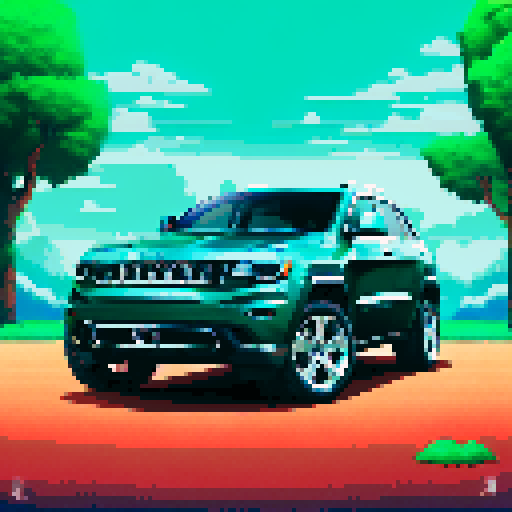 Photorealistic, centered Jeep Grand Cherokee in a three quarter view, right wheel in front, clean background, pixel art style with sRGB colors