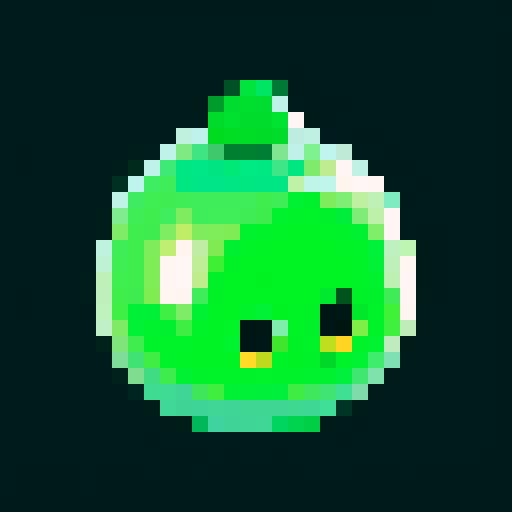 simple amorphous blob, glossy semi-transparent green body, big round eyes, goofy smile, small bubbles, pixel art, sRGB