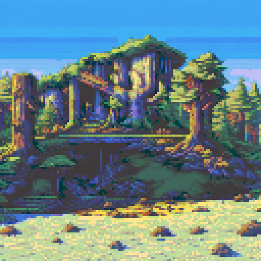 decaying bunker in the woods covered in moss, tall redwood trees rising up like pillars, long shadows cast by setting sun