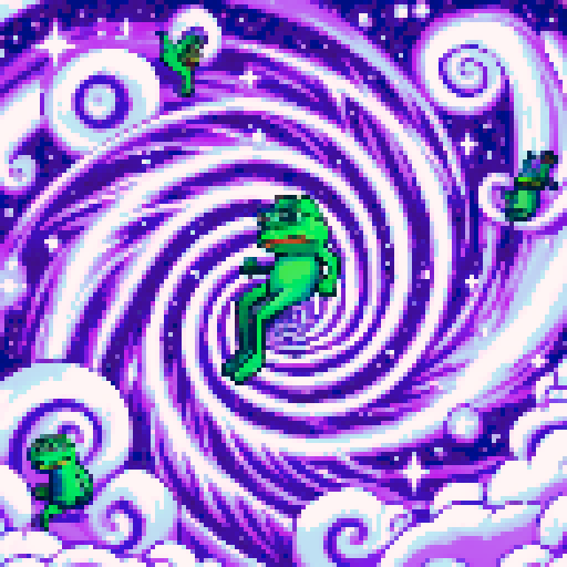 Pepe the frog flying in a purple swirl