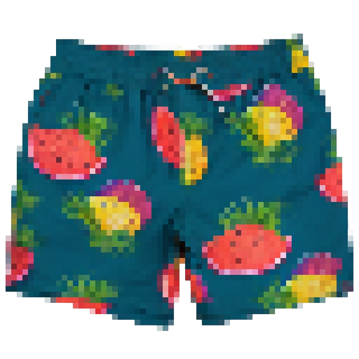 Vibrant, tropical, and playful
    
    Watermelon and pineapple patterns adorn swim shorts for men, bursting with juicy colors and playful shapes, evoking a tropical paradise.