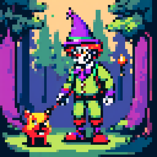 clown with purple and green jester hat, bells, pixel art, a fireball and a staff, in a forest and with a bull dog next to it.