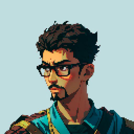 Southeast Asian man, short curly hair, round glasses, tanned, goatee