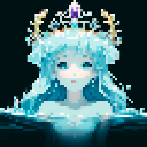 Create a close-up image of a mermaid with a crown, partially submerged underwater. Half of her face is above the water's surface, revealing her beautiful features. The underwater portion of her face should show her aquatic beauty, with the serene, mysterious ambiance of the ocean surrounding her. The crown should have an ethereal, shimmering quality, adding to her majestic presence.