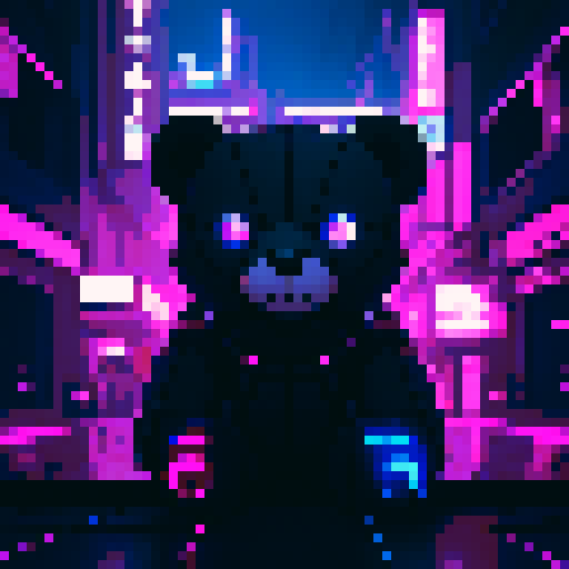 Fierce teddy bear, blade runner, cyberpunk, aetherpunk, cloudy, dark colors, neon lights