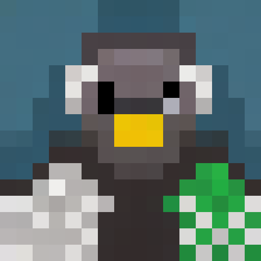 Crow with a mischievous grin, shiny black feathers, and bright yellow eyes, perched on a tree branch in a 16x16 pixel art game icon, with a close up portrait style