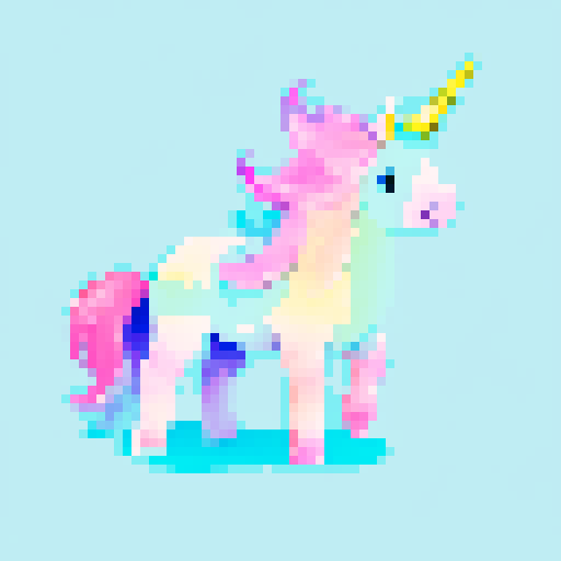unicorn with rainbow hair in clouds, full body, vibrant colors, flowing mane and tail, soft pastel palette, fluffy white clouds
