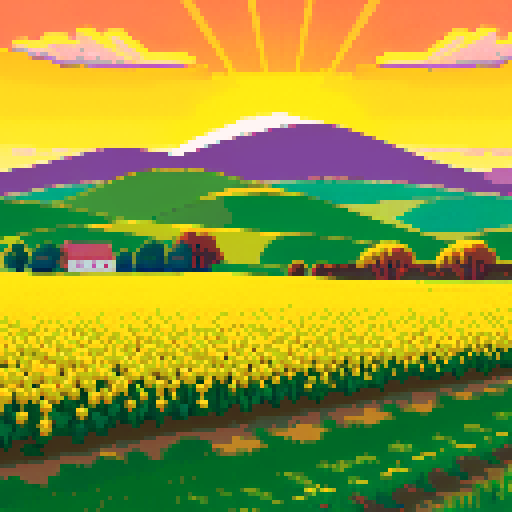 pastoral landscape, fields (yellow), sunset