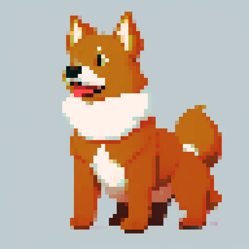 a medium-sized dog with fluffy fur. The dog has a bright, shaggy golden coat with black patches on its back and ears. Its ears are medium length, slightly floppy, and the tail is bushy. The dog's eyes are warm and brown, and it has a joyful, open-mouthed expression, showing a pink tongue. The pixel art should capture the dog's playful and friendly demeanor, with a slight tilt of its head, adding a curious aspect to its appearance. The background should be simple
