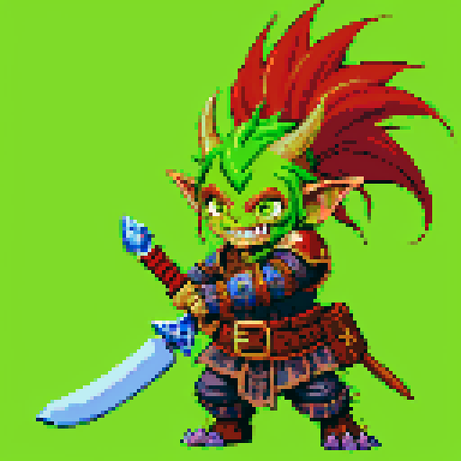 Fantasy Medieval Goblin Warrior, fierce and battle-worn, brandishing a wickedly curved blade, with glowing green eyes and spiky crimson hair, depicted in pixel art style, vibrant and vibrant colors in the sRGB color space