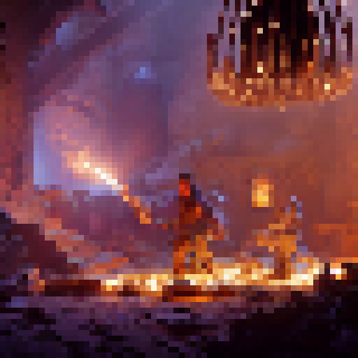 Glowing embers illuminate a rugged blacksmith's forge as a skilled craftsman hammers a shining, intricately-carved, magical broadsword, adorned with glowing runes, amidst a dimly-lit fantasy RPG world.
