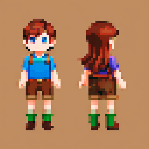 Stardew valley style, main character sprite, 32 pixel high x 16 pixels wide, brown hair, blue eyes, front view, side, view, rear view, and walking animation positions in all directions. 