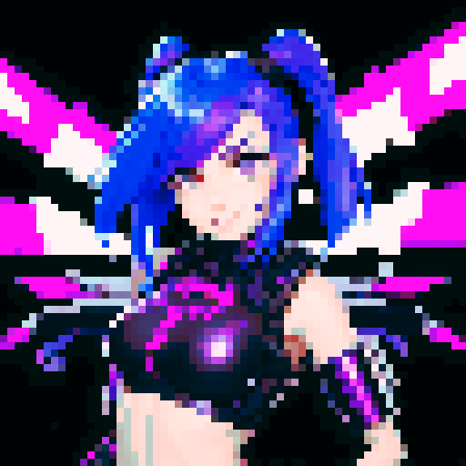 cute girl with vibrant hair, expressive eyes, and a playful smile, with a metallic cyberpunk scorpion tail as weapon, two head style