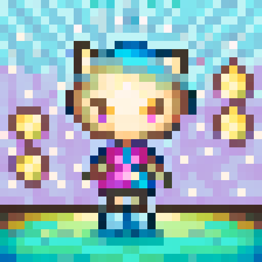 girl with blue hair, butterflies, demon horns, pink background, game icon, 32x32 pixel art, sRGB, skill art, close-up, portrait