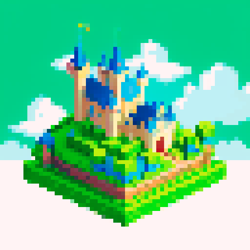 With clouds, a castle and a starry sky in the background, a little green turtle walks through this green, pixelated land. 