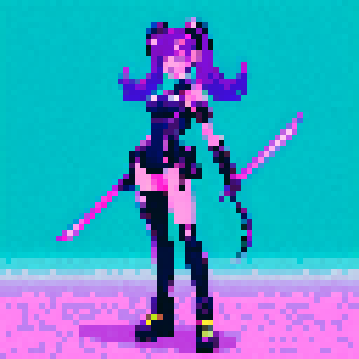 cute girl with vibrant hair, and a playful smile, with a metallic cyberpunk scorpion tail as weapon