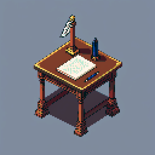  block, wood, isometric, medieval, writing table, feather pen, ink, paper, papers, royal seal, law, dark, close, royal decree
