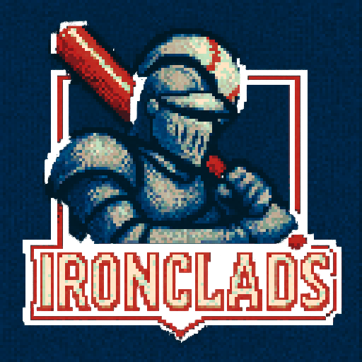 Pixel art of a fictional baseball team called the Ironclads. Dark blue, red and gray, sharp outlines, and soft pixel shading. The logo design mimics 80s MLB logos. Use a vibrant Sega Genesis 16-bit style with selective dithering, geometric forms, and nostalgic retro charm. Avoid modern gradients—keep it pure pixel art.
