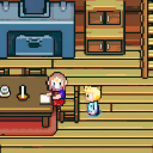 Cabin interior, table, kitchen, mother and son