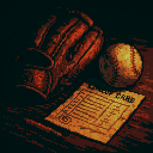 A close-up pixel art still life: a weathered brown leather baseball glove, a scuffed baseball, and a crumpled lineup card lying on a dusty wooden desk. Soft, moody lighting with long shadows and warm sunset tones. The desk has scratches, a chipped pencil, and maybe a faded team logo barely visible on the glove or card. Use deep browns, tans, and warm orange highlights.