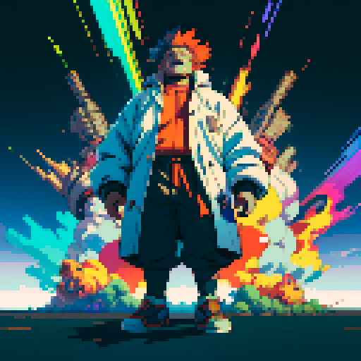 fat mad scientist, full-body image, facing left, giant robot, vibrant colors, exaggerated proportions, pixelated details, sRGB, pixel art