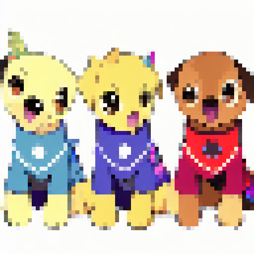 Generates an image of three puppies in pajamas of different breeds, following the drawing style of the My Little Pony series. The Labrador Retriever puppy is wearing red pajamas with small apples drawn on it, while the Golden Retriever puppy is wearing blue pajamas with small blackberries drawn on it. The Beagle puppy is wearing yellow pajamas with little mangoes drawn on it. The three pups are sitting together, facing forward with happy expressions on their faces.