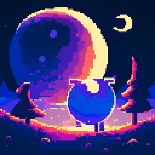 Moonlit night, shimmering crescent, glowing celestial orb, stars dancing, mystical glow, ethereal landscape, enchanting moonbeams, dreamlike atmosphere, pixelated magic, vibrant colors, retro-inspired art, sRGB palette, pixelated details, nostalgic vibes