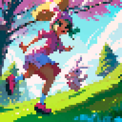 Create an image of a whimsical cartoon character wearing a bright pink bunny hat. The character is small, with a simple white body and round black eyes. It is joyfully jumping over a puddle in a muddy forest path, using a makeshift stick as a pogo stick. The background should depict vibrant green trees and shrubs, capturing a playful and adventurous scene.