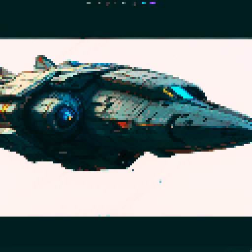 spaceship sleek, sideview flying in space with vibrant colors, sharp edges, and a retro video game aesthetic
