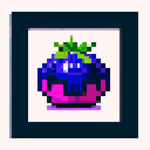 art frame made of pixelated blueberries, pixelated fruits in vibrant colors, void inside, dark background, sRGB