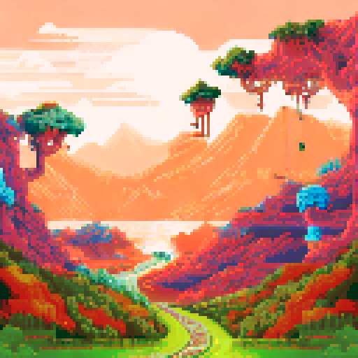 roller coaster, vibrant colors, looping tracks, steep drops, excited riders, towering mountains, lush forests, sparkling lakes, pixelated sky, retro charm, nostalgic vibes, pixel art landscape, sRGB palette, dynamic movement, thrilling twists, adrenaline rush, joyful screams, pixelated trees, detailed scenery, immersive experience, intricate pixel work, vibrant background, dreamlike atmosphere