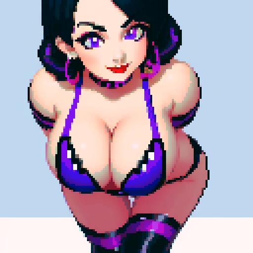 curvy, cute goth girl, smiling, black hair, purple eyeshadow, red lipstick, wearing bikini, glamour shot, pixel art, sRGB